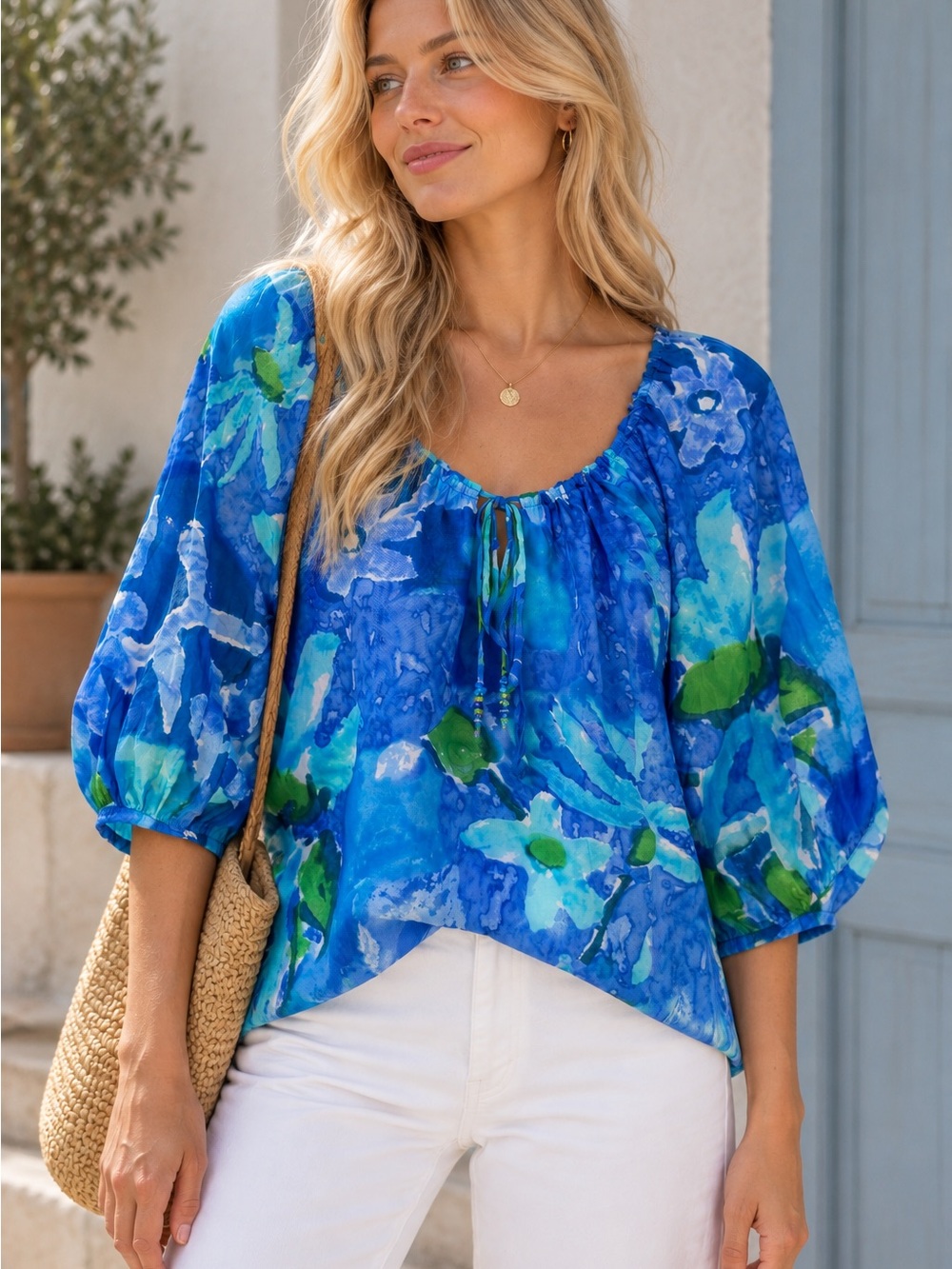 Lauren Ralph Lauren Blue & Green Floral Peasant Blouse